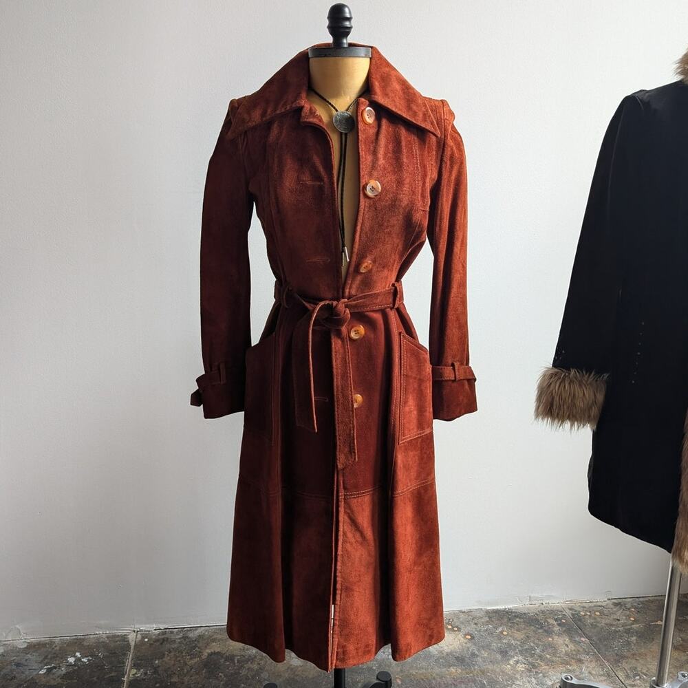 Vintage Leather Penny Lane Jacket Faux Fur Furry 70s Afghan Tapestry Trench Coat - Picture 10 of 16